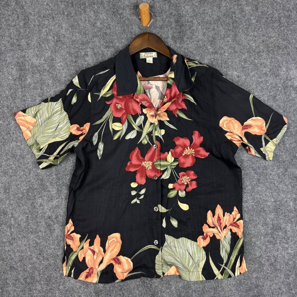 Tommy Bahama Womens Medium Black Silk Floral Short Sleeve Button Down Shirt